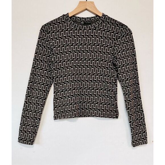 Zara Brown Geometric Print Long Sleeve Sweater   Sz S - Picture 1 of 3